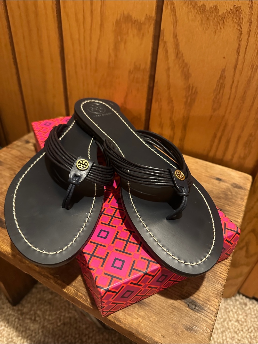 Tory Burch Navy Leather Toe-Post Sandals with Gold Logo
